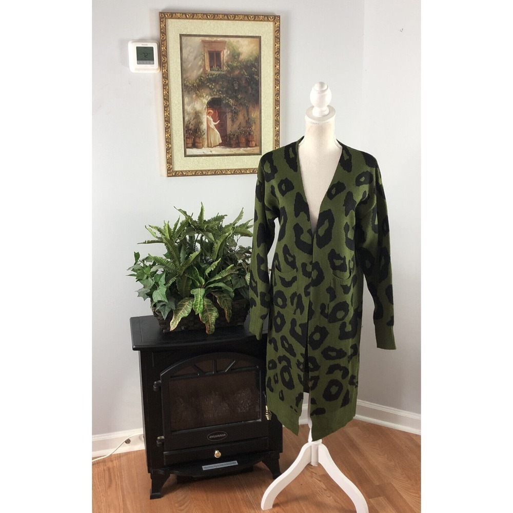 Womens Leopard Cardigan Knit‎ Duster Sweater Long Sleeve Coat Pocket Outwear